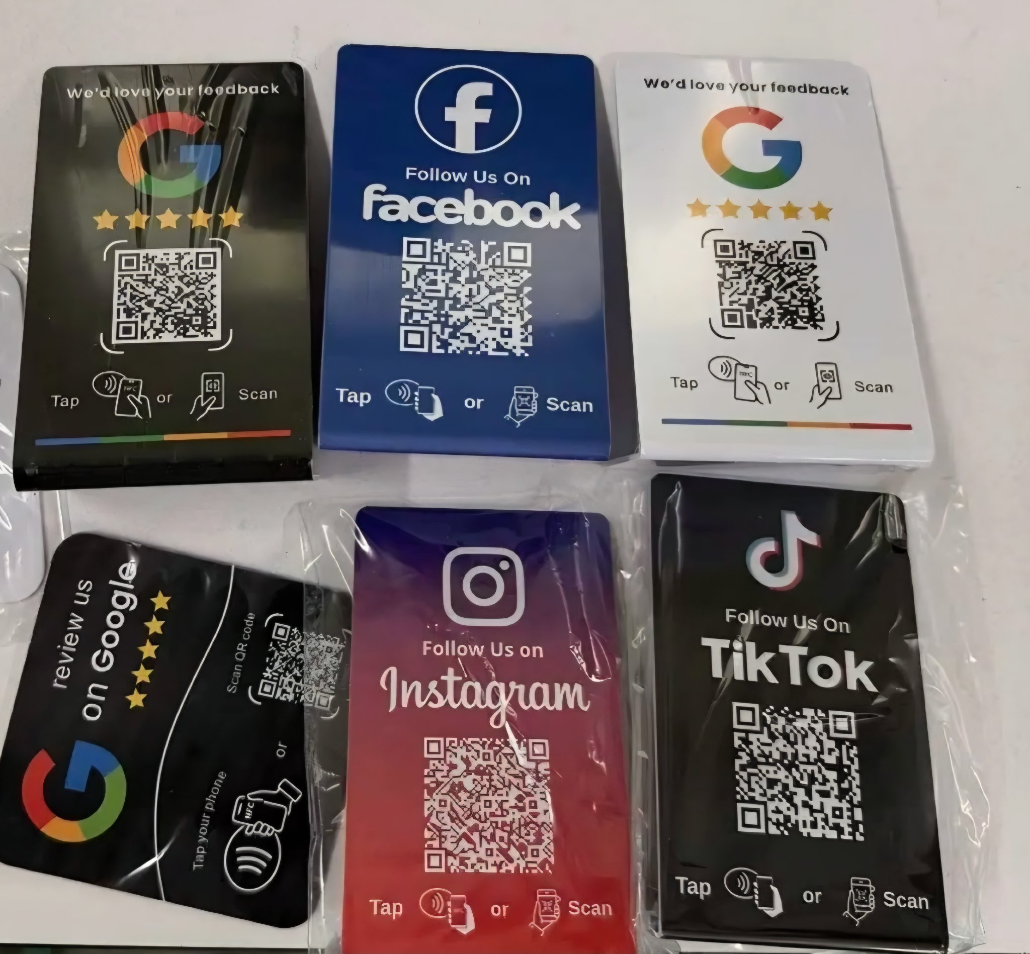 Dopamind VIP NFC smart cards — Google review, Facebook follow, Instagram follow and TikTok follow designs