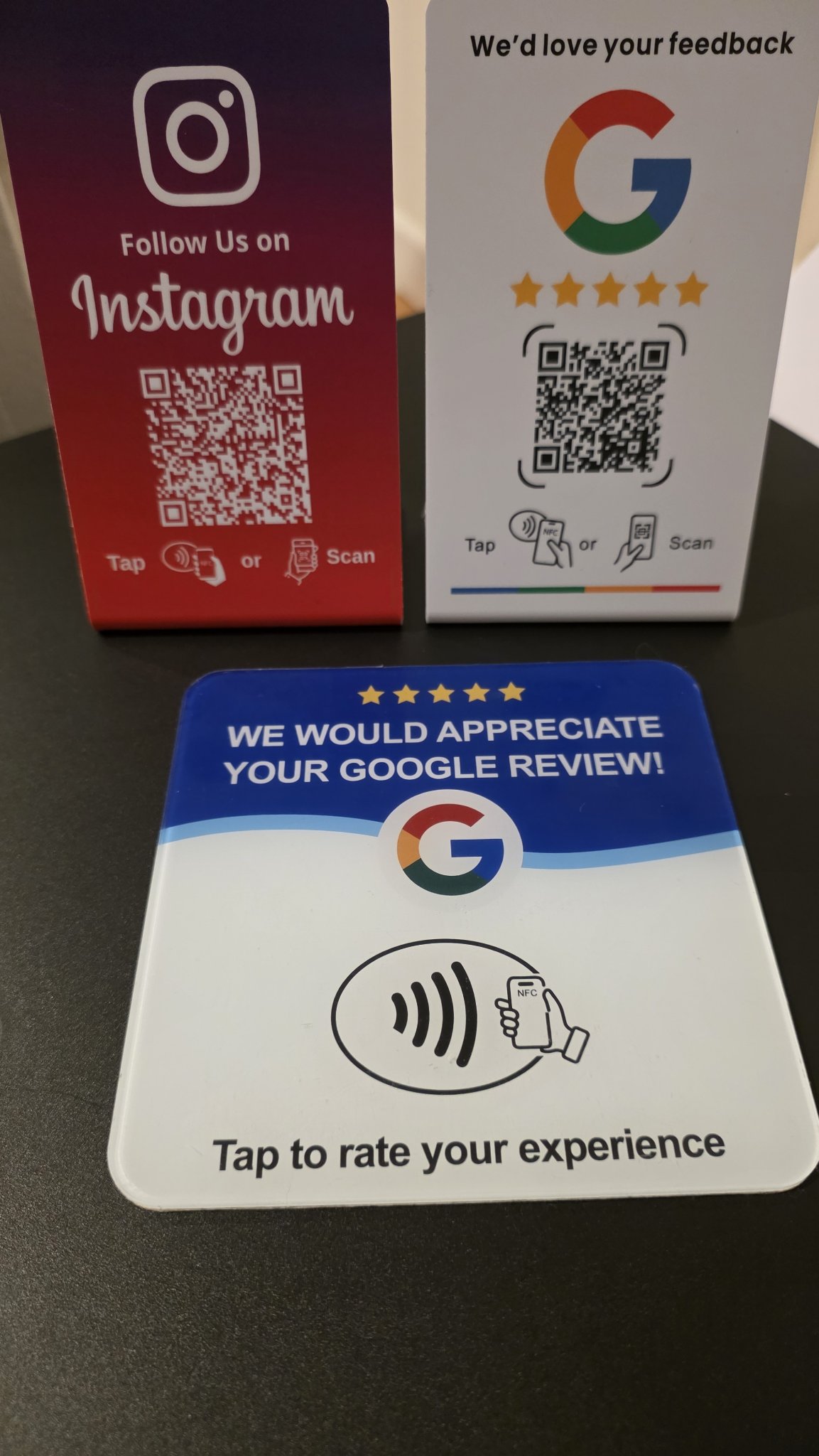 Dopamind VIP NFC products: Google review stand, Instagram follow stand and review display plate: Google review table stand, Instagram follow stand and Google review display plate