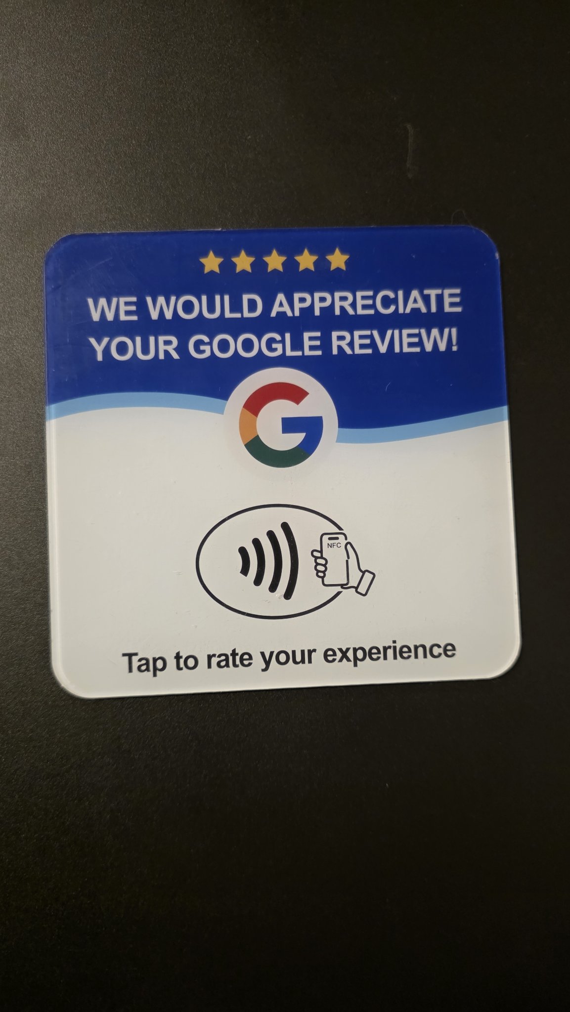 Home Blue Google review NFC display plate — tap to rate your experience