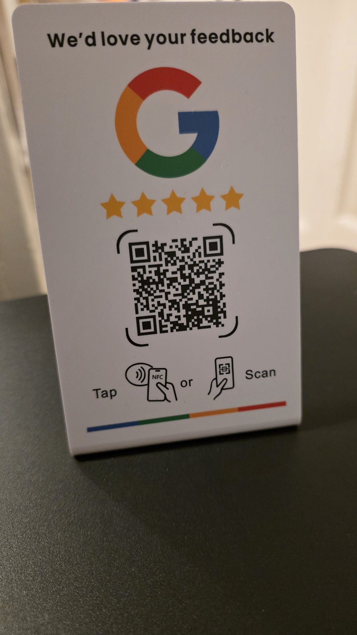 Home White Google review NFC table stand — We'd love your feedback